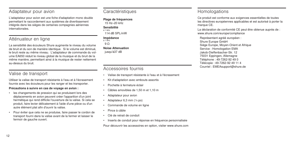 Adaptateur pour avion, Atténuateur en ligne, Valise de transport | Accessoires fournis, Homologations, Caractéristiques | Shure SE846 User Manual | Page 10 / 32