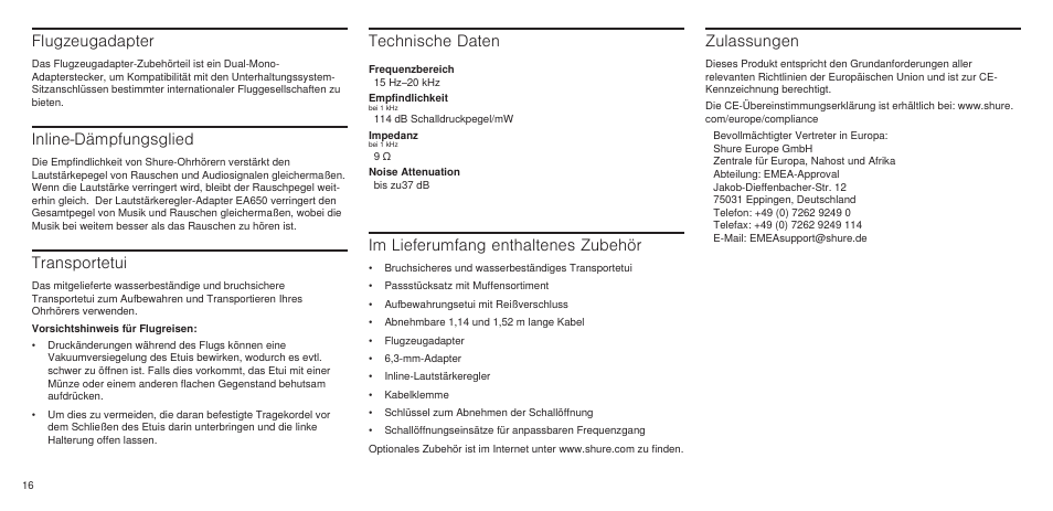 Flugzeugadapter, Inline-dämpfungsglied, Transportetui | Im lieferumfang enthaltenes zubehör, Zulassungen, Technische daten | Shure SE846 User Manual | Page 14 / 32