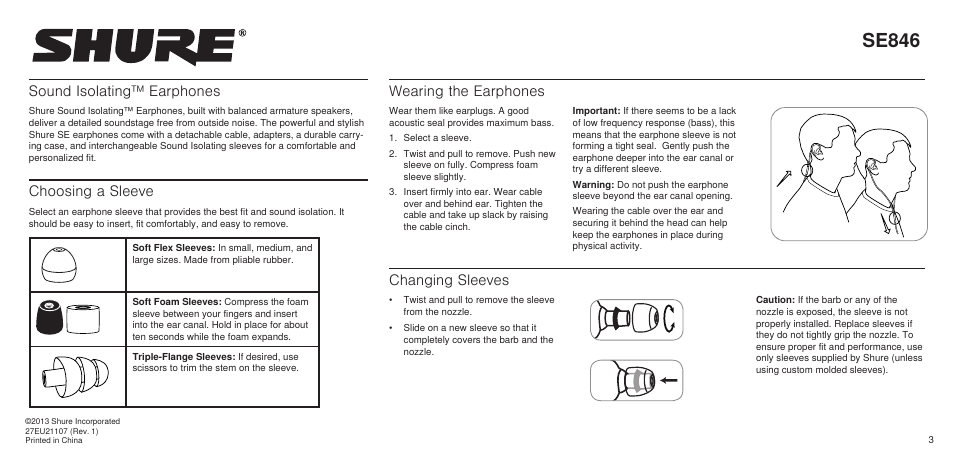 Se846, Sound isolating™ earphones, Choosing a sleeve | Wearing the earphones, Changing sleeves | Shure SE846 User Manual | Page 3 / 32