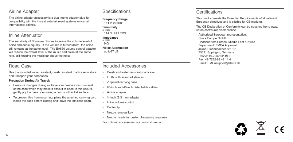 Airline adapter, Inline attenuator, Road case | Included accessories, Certifications, Specifications | Shure SE846 User Manual | Page 6 / 32