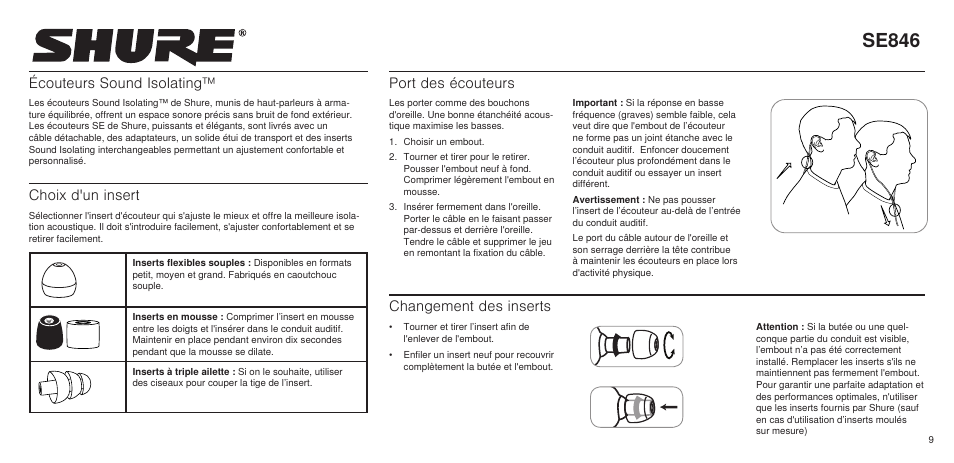 Se846, Écouteurs sound isolating, Choix d'un insert | Port des écouteurs, Changement des inserts | Shure SE846 User Manual | Page 7 / 32
