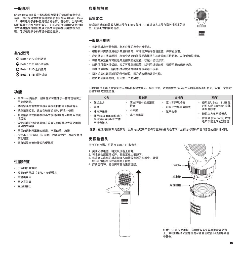 应用与放置, 一般说明, 性能特征 | 更换拾音头, 其它型号 | Shure BETA 181 User Manual | Page 19 / 28