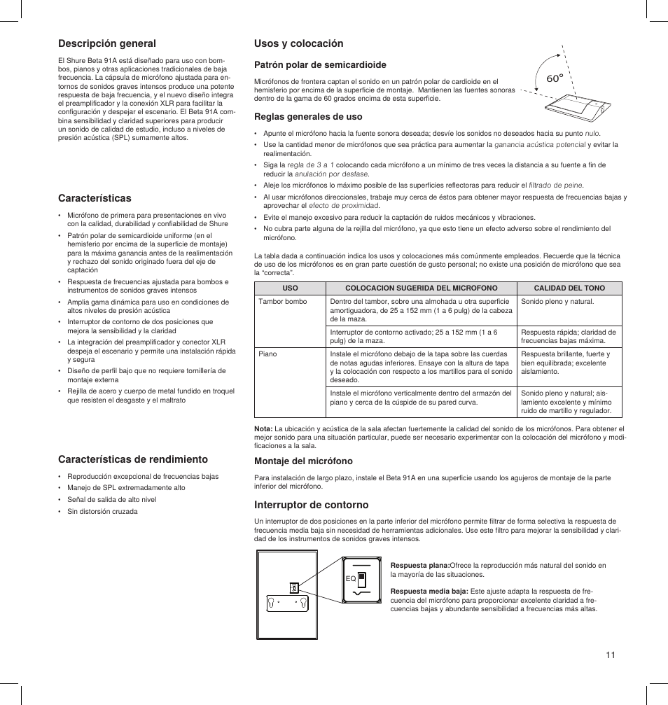 Descripción general, Características, Características de rendimiento | Usos y colocación, Interruptor de contorno | Shure BETA 91A User Manual | Page 11 / 24