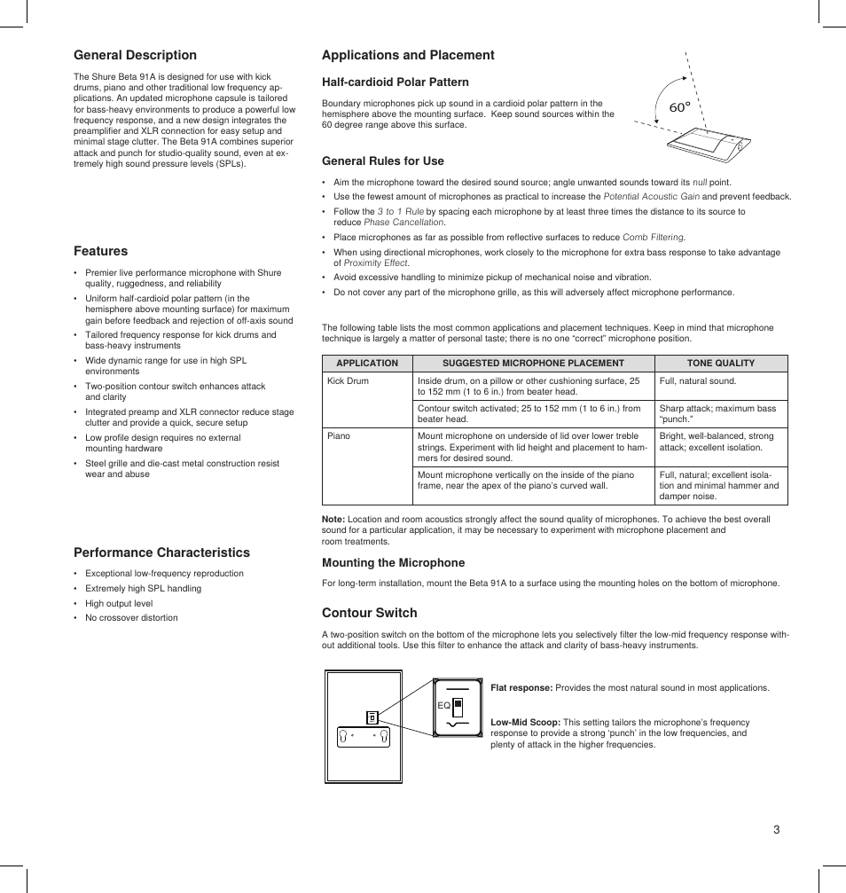 General description, Features, Performance characteristics | Applications and placement, Contour switch | Shure BETA 91A User Manual | Page 3 / 24