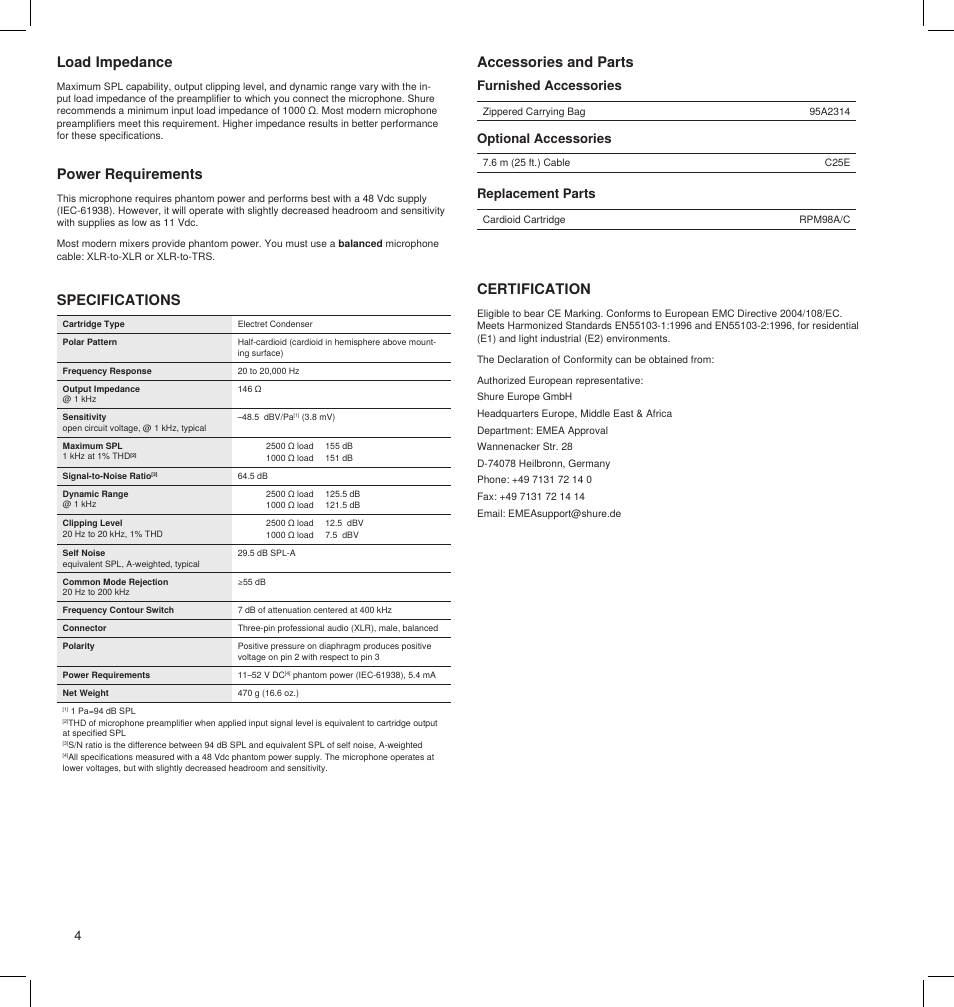 Power requirements, Specifications accessories and parts, Certification | Load impedance, Furnished accessories, Replacement parts optional accessories | Shure BETA 91A User Manual | Page 4 / 24