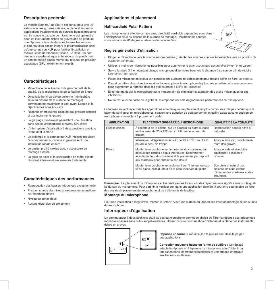 Description générale, Caractéristiques, Caractéristiques des performances | Applications et placement, Interrupteur d’égalisation | Shure BETA 91A User Manual | Page 5 / 24