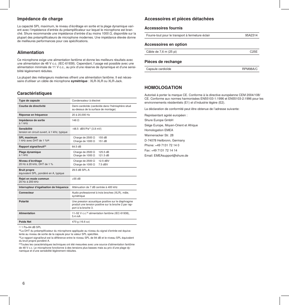 Alimentation, Caractéristiques accessoires et pièces détachées, Homologation | Impédance de charge, Accessoires fournis, Pièces de rechange accessoires en option | Shure BETA 91A User Manual | Page 6 / 24