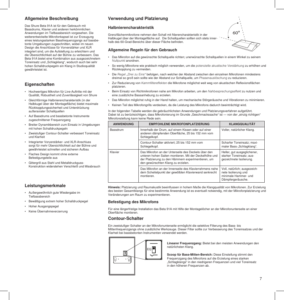Allgemeine beschreibung, Eigenschaften, Leistungsmerkmale | Verwendung und platzierung, Contour-schalter | Shure BETA 91A User Manual | Page 7 / 24