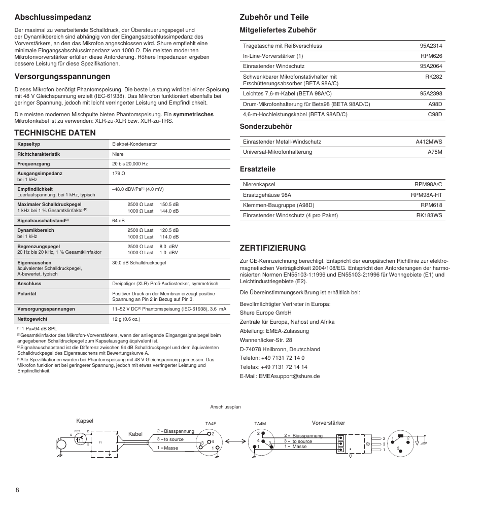 Versorgungsspannungen, Zubehör und teile zertifizierung, Abschlussimpedanz | Technische daten, Mitgeliefertes zubehör, Sonderzubehör, Ersatzteile | Shure BETA 98A User Manual | Page 8 / 24