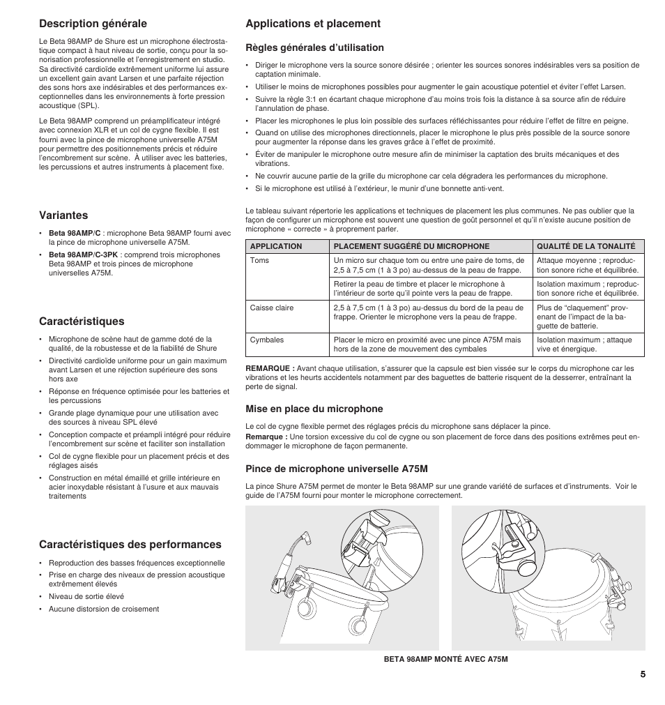 Description générale, Caractéristiques, Caractéristiques des performances | Applications et placement variantes, Règles générales d’utilisation, Pince de microphone universelle a75m, Mise en place du microphone | Shure BETA 98AMP User Manual | Page 5 / 24