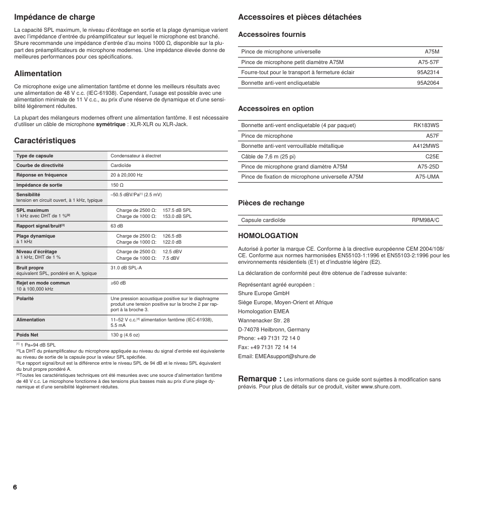 Accessoires et pièces détachées, Caractéristiques, Alimentation | Impédance de charge, Remarque, Accessoires fournis, Accessoires en option, Pièces de rechange, Homologation | Shure BETA 98AMP User Manual | Page 6 / 24