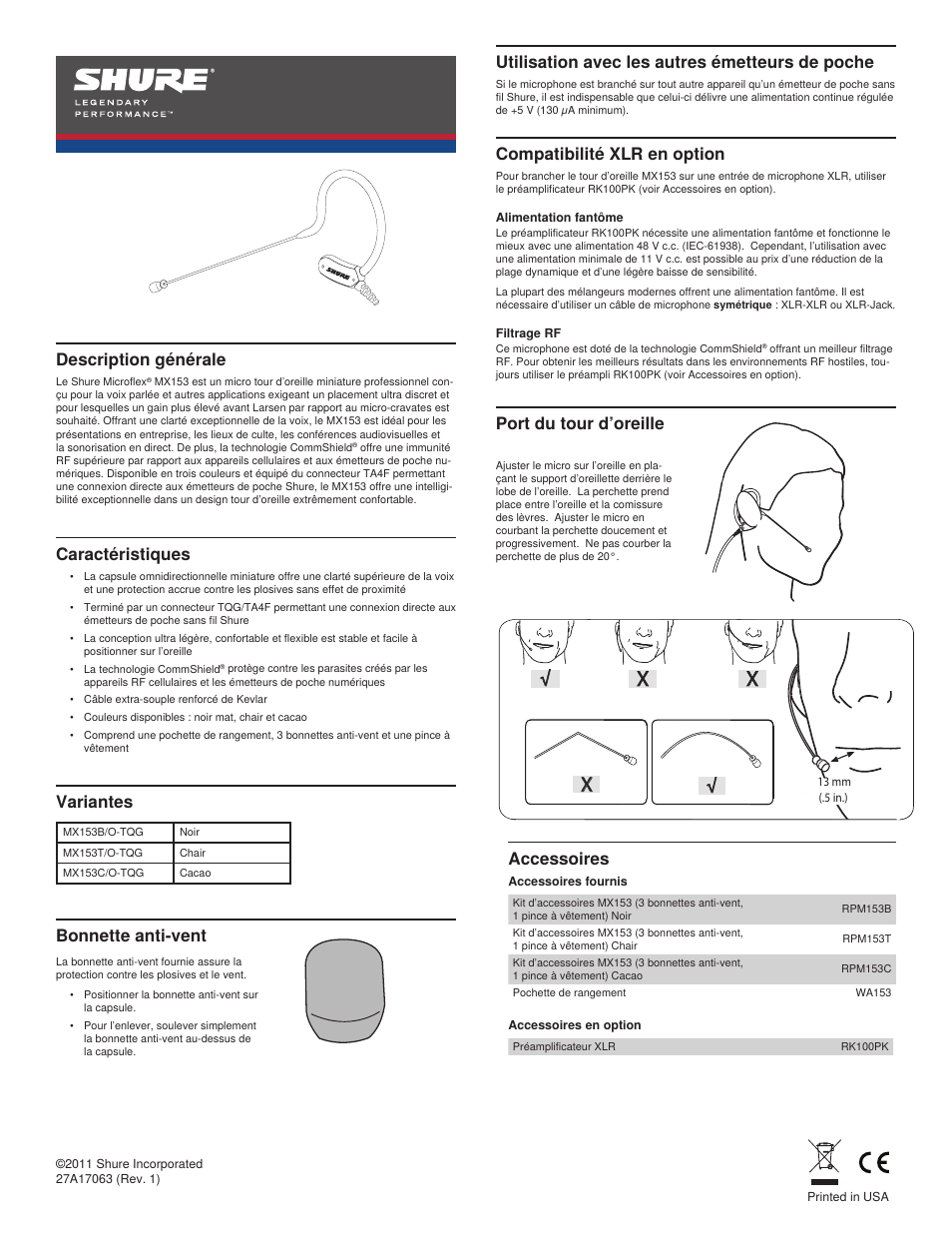 Description générale, Variantes, Utilisation avec les autres émetteurs de poche | Compatibilité xlr en option, Bonnette anti-vent | Shure MX153 User Manual | Page 3 / 20