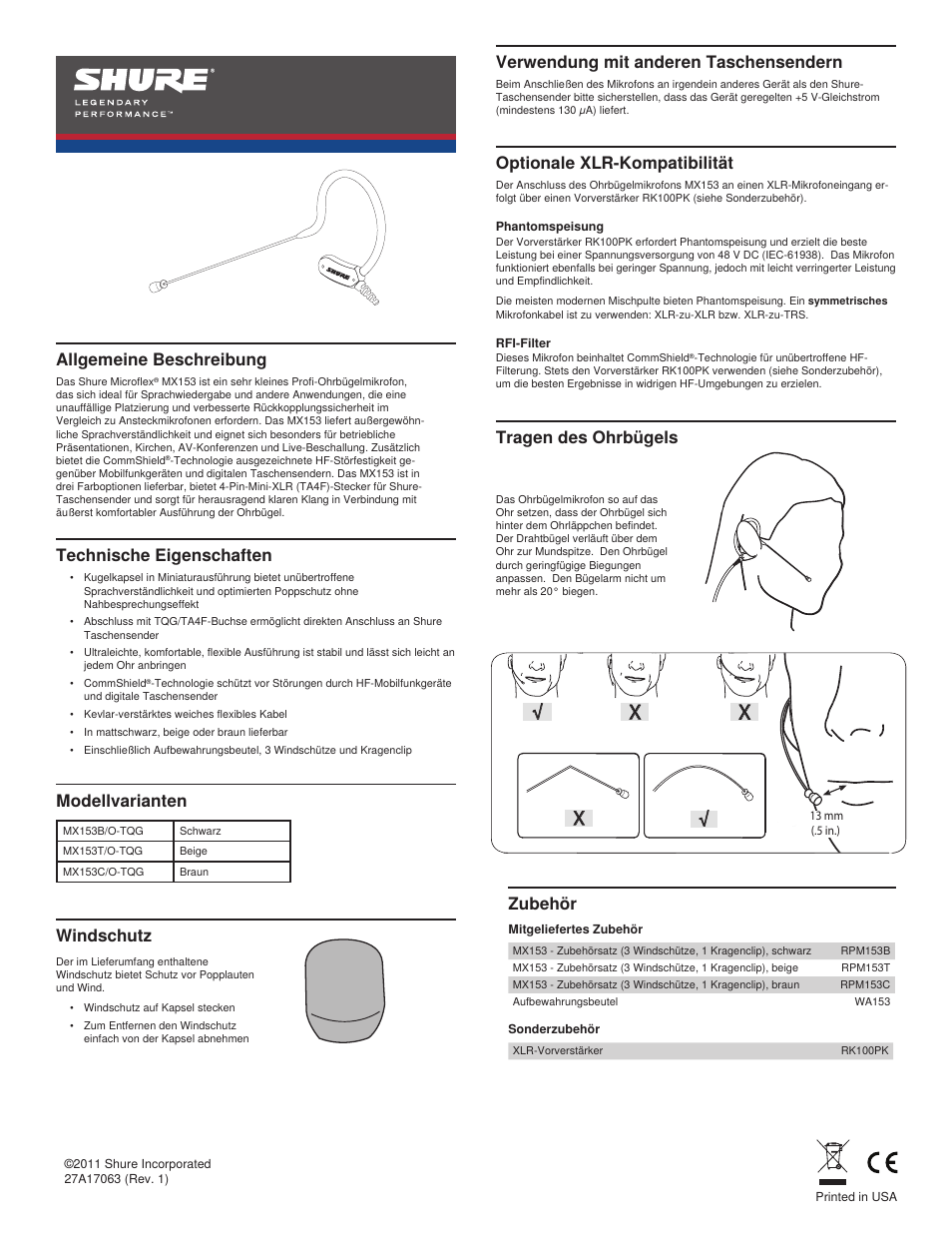 Allgemeine beschreibung, Modellvarianten, Verwendung mit anderen taschensendern | Optionale xlr-kompatibilität, Windschutz | Shure MX153 User Manual | Page 5 / 20