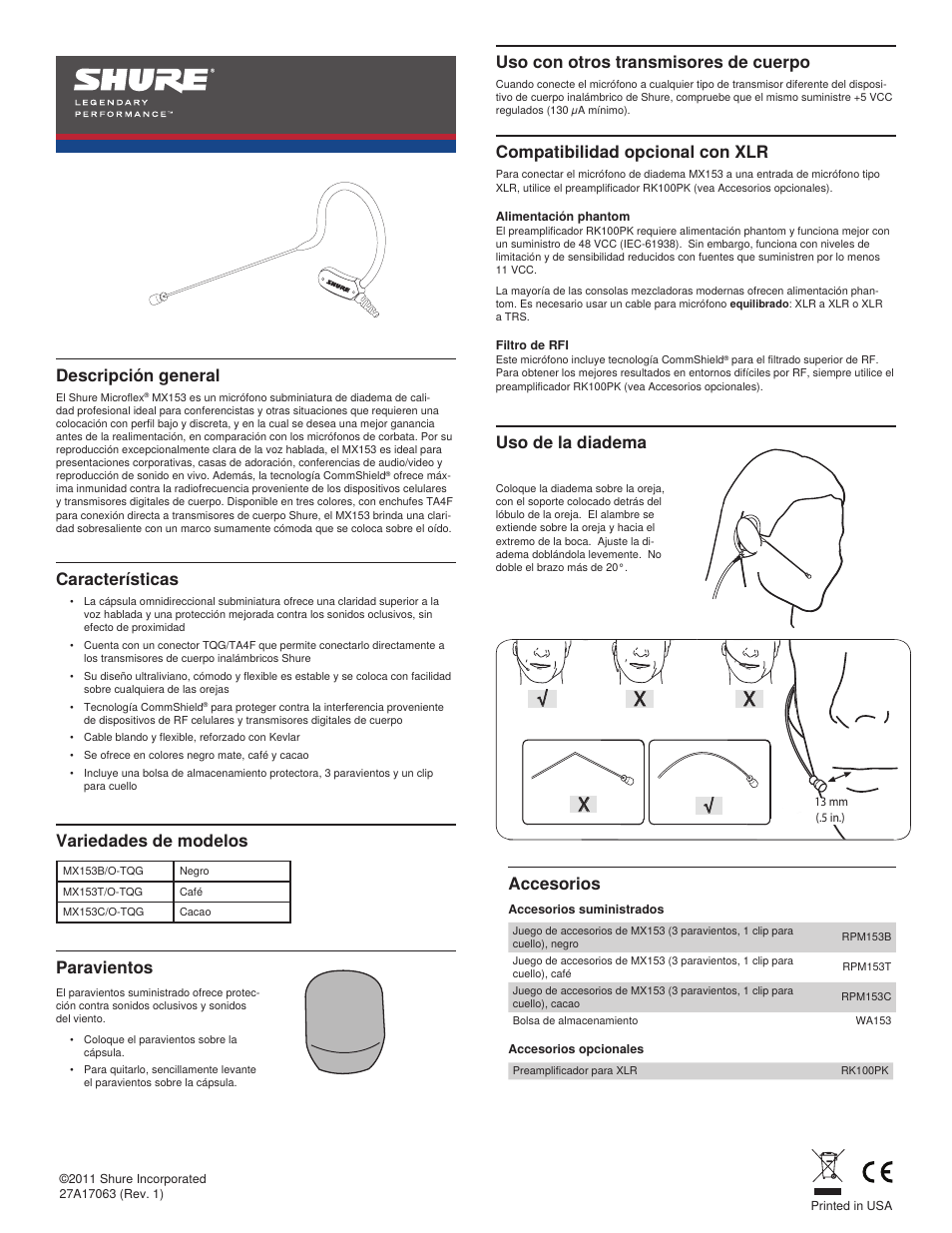 Descripción general, Variedades de modelos, Uso con otros transmisores de cuerpo | Uso de la diadema accesorios características, Compatibilidad opcional con xlr, Paravientos | Shure MX153 User Manual | Page 7 / 20