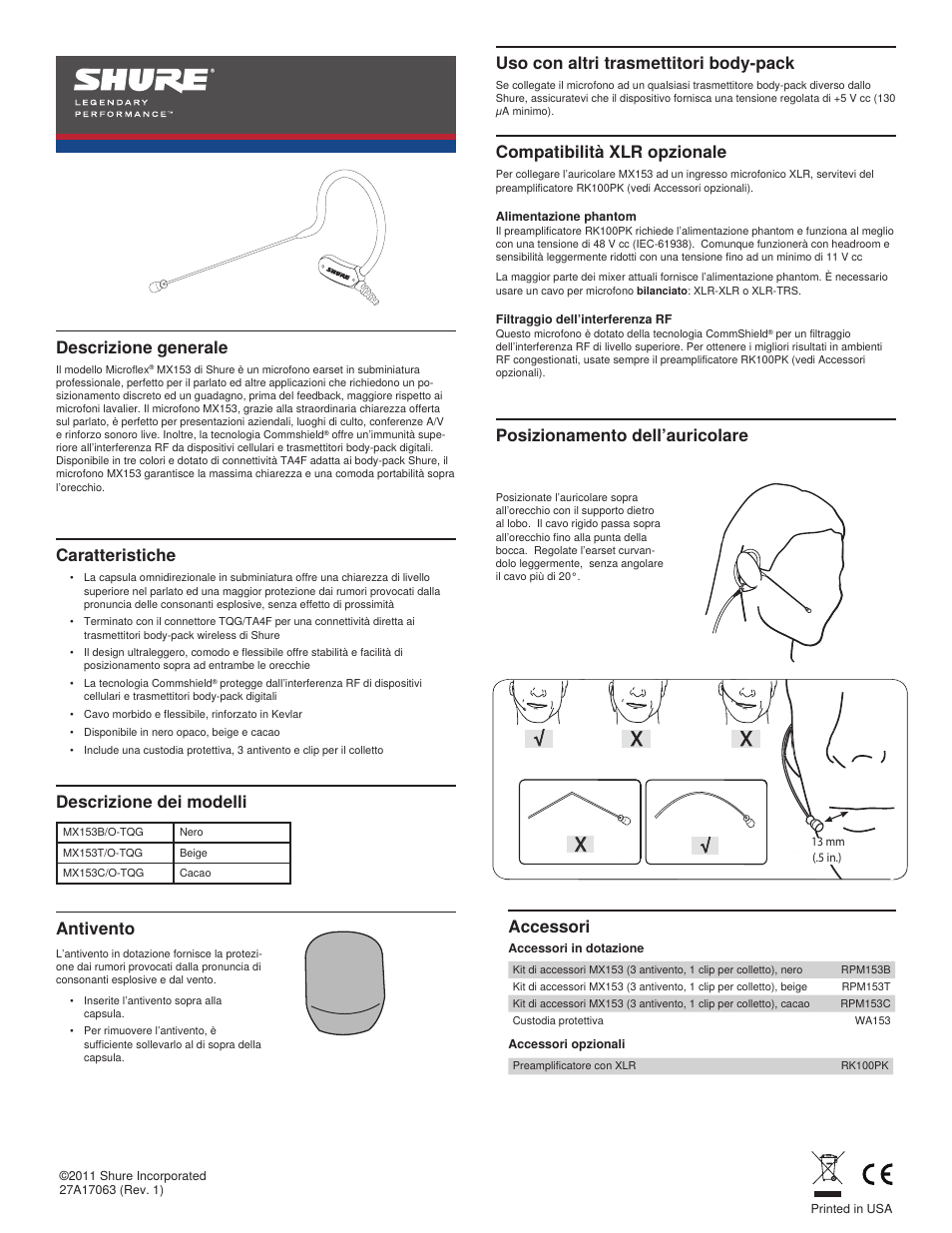 Descrizione generale, Descrizione dei modelli, Uso con altri trasmettitori body-pack | Compatibilità xlr opzionale, Antivento | Shure MX153 User Manual | Page 9 / 20