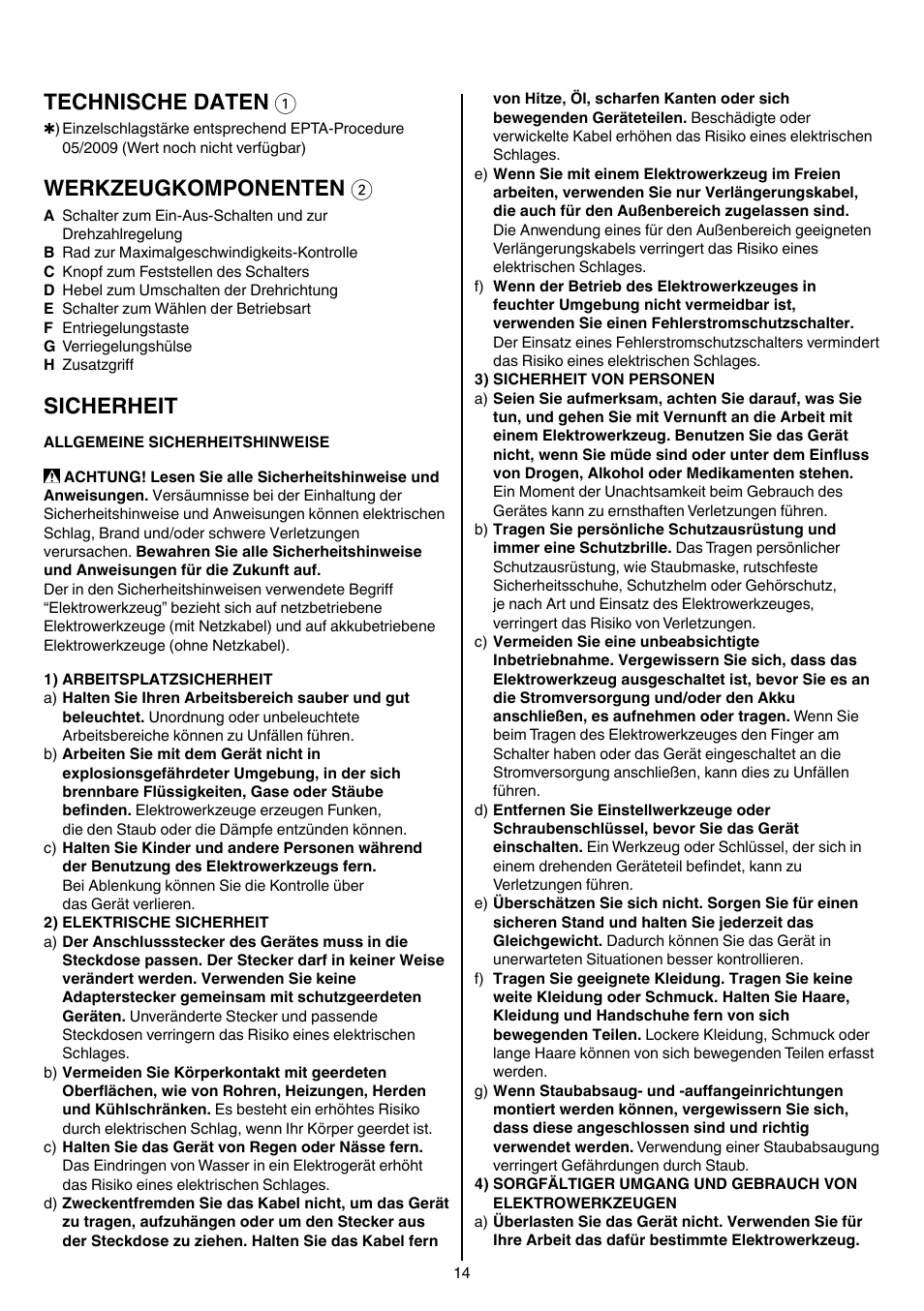 Technische daten 1, Werkzeugkomponenten 2, Sicherheit | Skil 1758 AA User Manual | Page 14 / 120