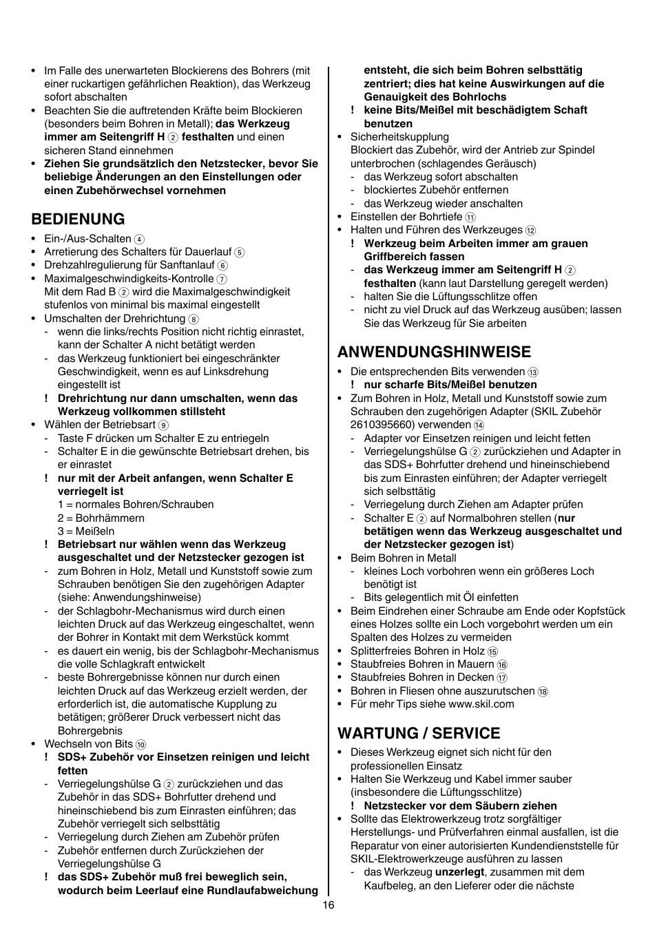 Bedienung, Anwendungshinweise, Wartung / service | Skil 1758 AA User Manual | Page 16 / 120