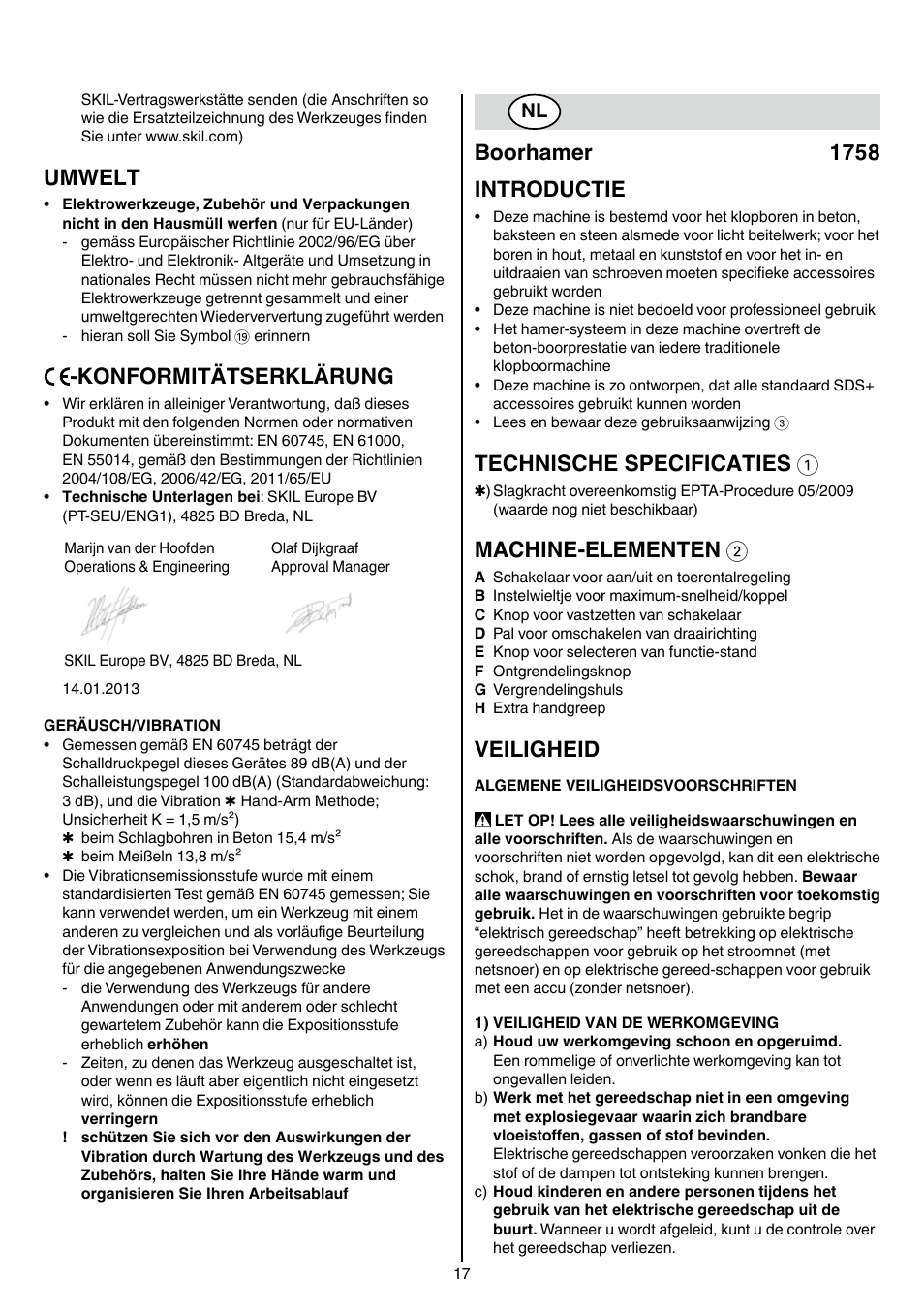 Umwelt, Konformitätserklärung, Boorhamer 1758 introductie | Technische specificaties 1, Machine-elementen 2, Veiligheid | Skil 1758 AA User Manual | Page 17 / 120