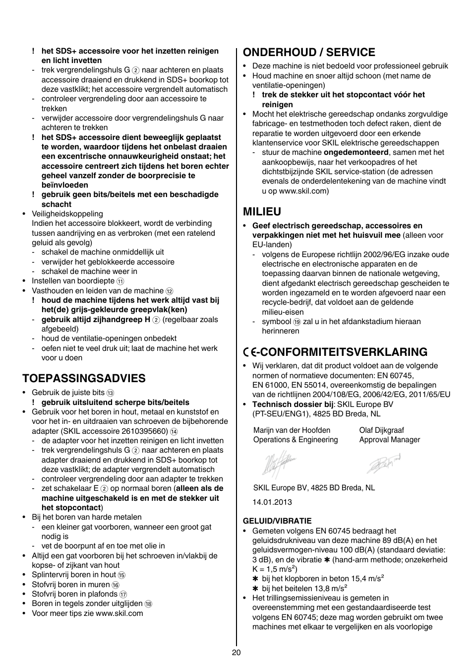 Toepassingsadvies, Onderhoud / service, Milieu | Conformiteitsverklaring | Skil 1758 AA User Manual | Page 20 / 120