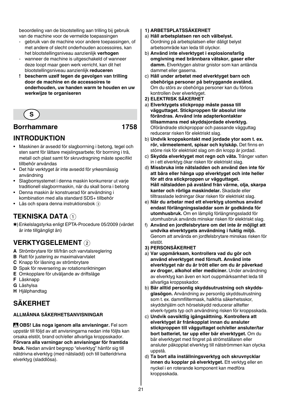 Borrhammare 1758 introduktion, Tekniska data 1, Verktygselement 2 | Säkerhet | Skil 1758 AA User Manual | Page 21 / 120