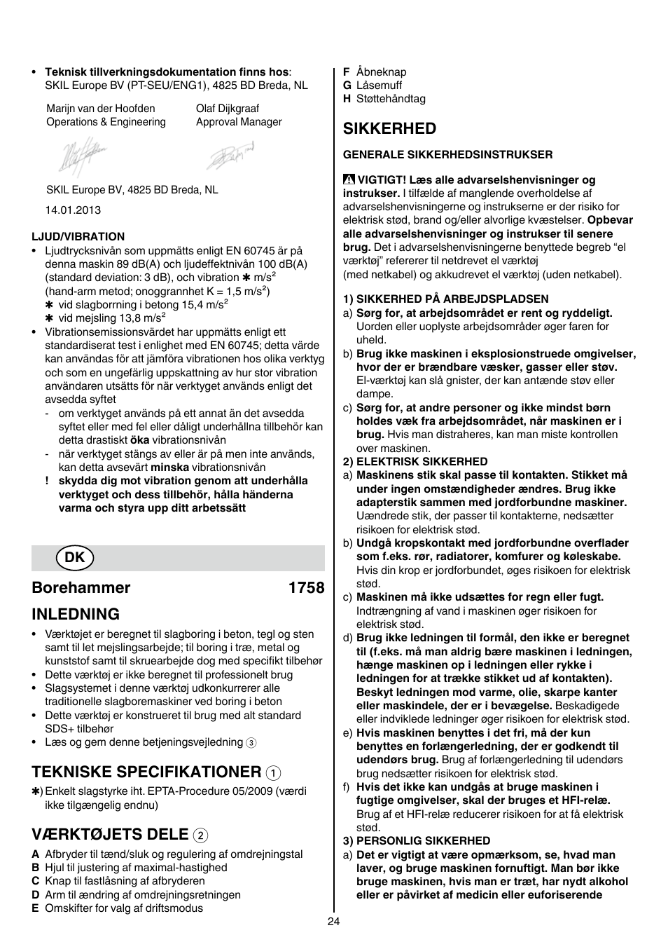 Borehammer 1758 inledning, Tekniske specifikationer 1, Værktøjets dele 2 | Sikkerhed | Skil 1758 AA User Manual | Page 24 / 120