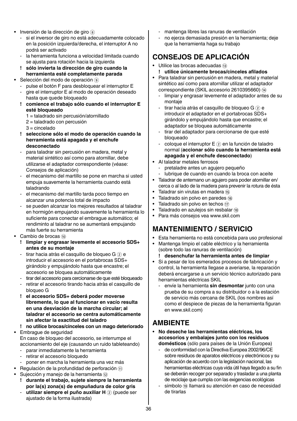 Consejos de aplicación, Mantenimiento / servicio, Ambiente | Skil 1758 AA User Manual | Page 36 / 120