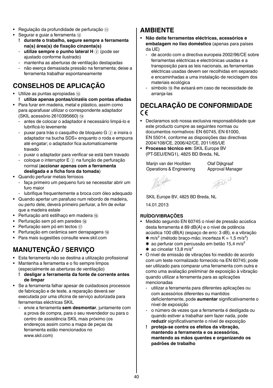 Conselhos de aplicação, Manutenção / serviço, Ambiente | Declaração de conformidade | Skil 1758 AA User Manual | Page 40 / 120