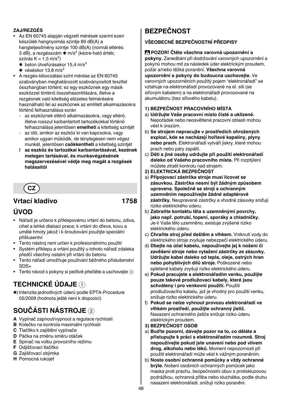 Vrtací kladivo 1758 úvod, Technické údaje 1, Součásti nástroje 2 | Bezpečnost | Skil 1758 AA User Manual | Page 48 / 120