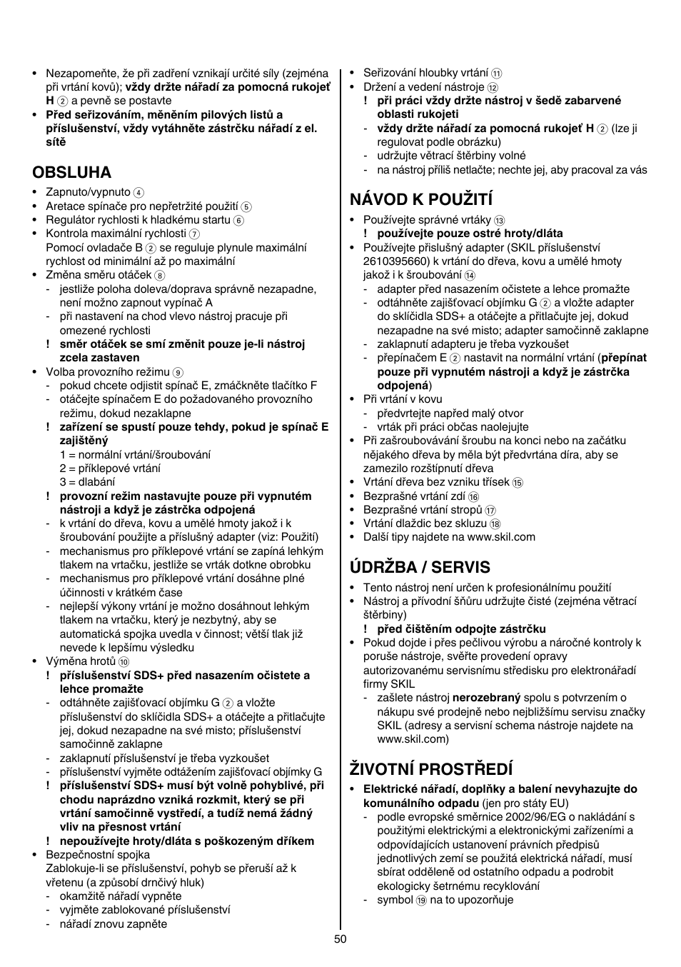 Obsluha, Návod k použití, Údržba / servis | Životní prostředí | Skil 1758 AA User Manual | Page 50 / 120