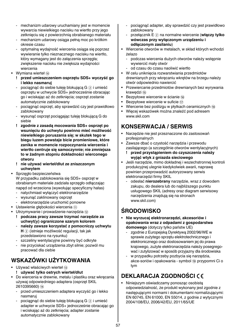 Wskazówki użytkowania, Konserwacja / serwis, Środowisko | Deklaracja zgodności | Skil 1758 AA User Manual | Page 57 / 120