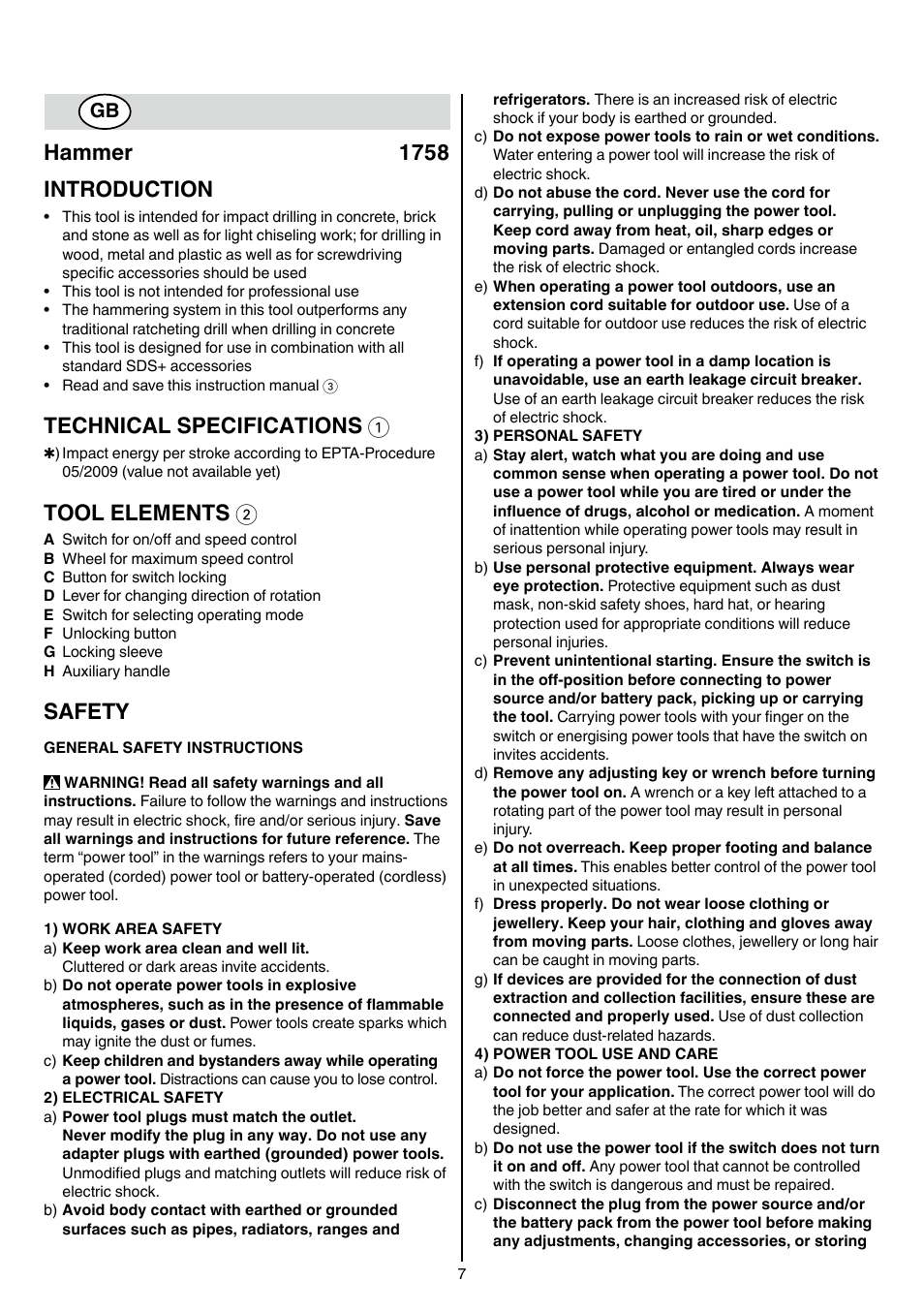 Hammer 1758 introduction, Technical specifications 1, Tool elements 2 | Safety | Skil 1758 AA User Manual | Page 7 / 120