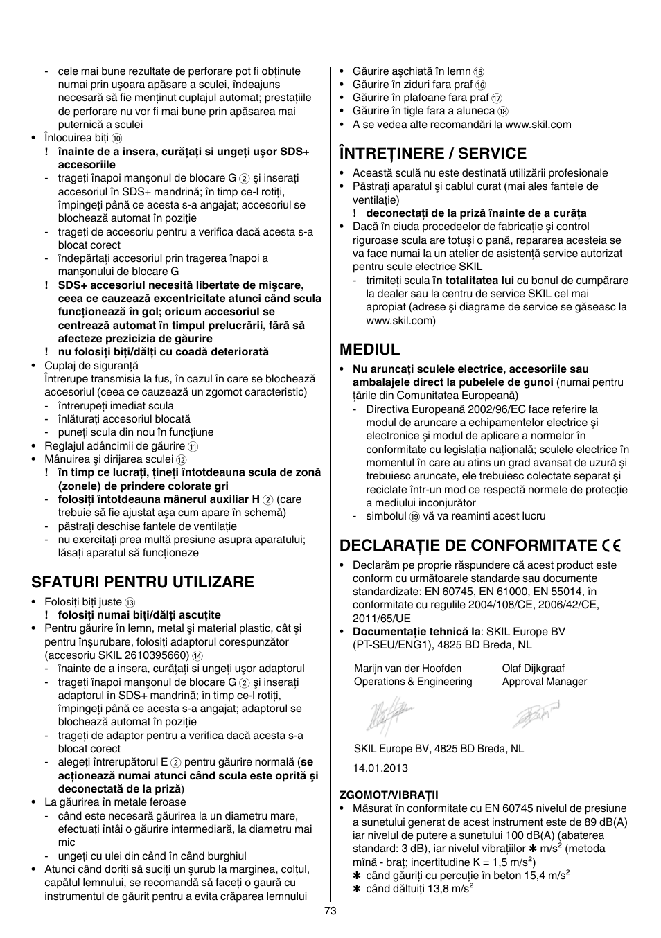 Sfaturi pentru utilizare, Întreţinere / service, Mediul | Declaraţie de conformitate | Skil 1758 AA User Manual | Page 73 / 120