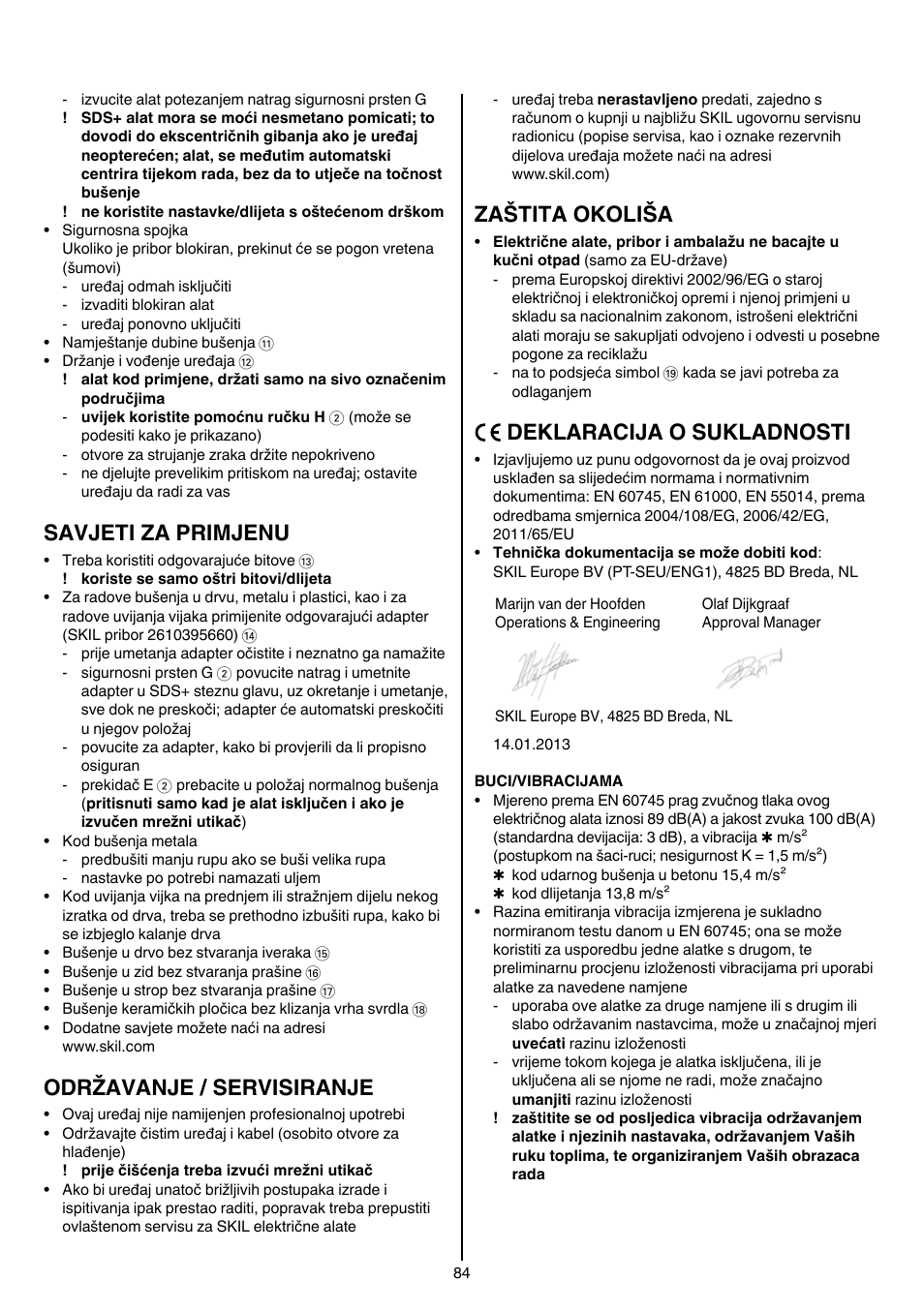 Savjeti za primjenu, Održavanje / servisiranje, Zaštita okoliša | Deklaracija o sukladnosti | Skil 1758 AA User Manual | Page 84 / 120