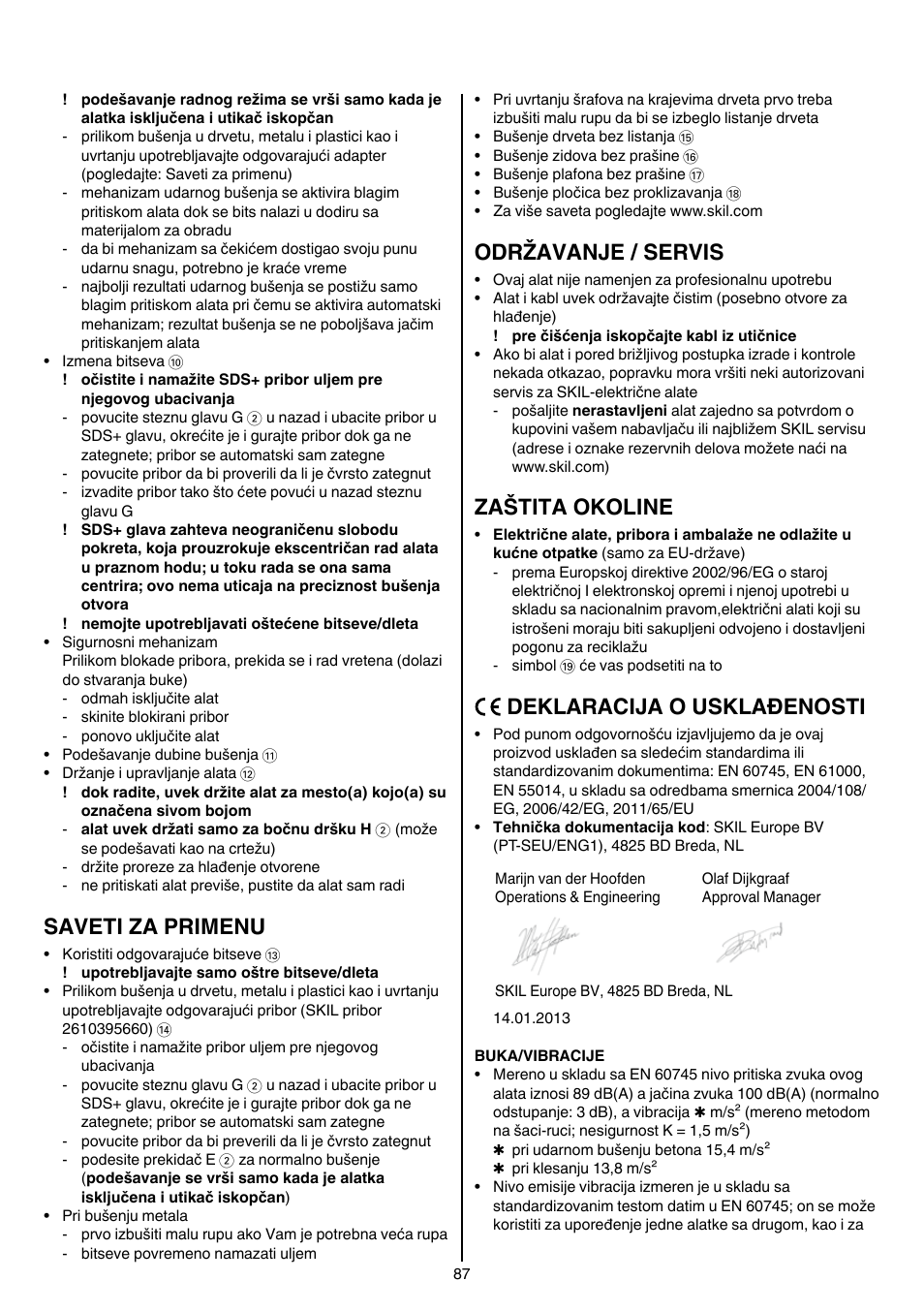 Saveti za primenu, Održavanje / servis, Zaštita okoline | Deklaracija o usklađenosti | Skil 1758 AA User Manual | Page 87 / 120