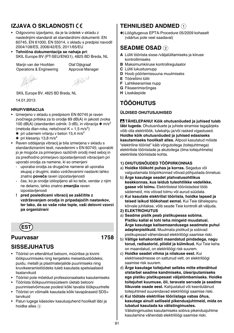 Izjava o skladnosti, Puurvasar 1758 sissejuhatus, Tehnilised andmed 1 | Seadme osad 2, Tööohutus | Skil 1758 AA User Manual | Page 91 / 120