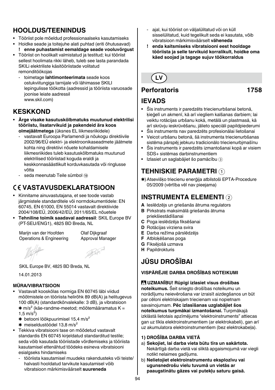 Hooldus/teenindus, Keskkond, Vastavusdeklaratsioon | Perforatoris 1758 ievads, Tehniskie parametri 1, Instrumenta elementi 2, Jūsu drošībai | Skil 1758 AA User Manual | Page 94 / 120