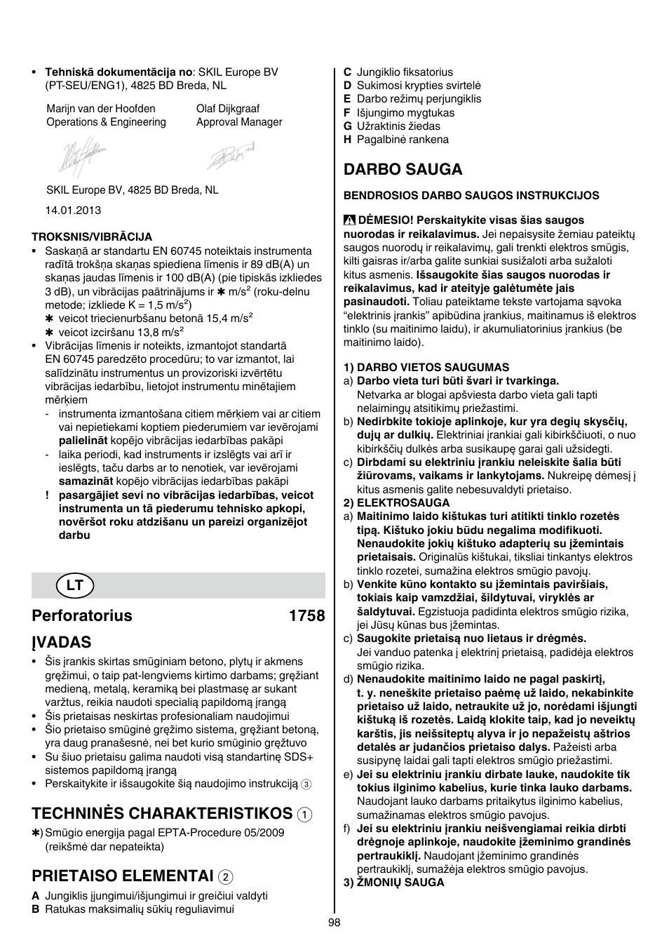 Perforatorius 1758 įvadas, Techninės charakteristikos 1, Prietaiso elementai 2 | Darbo sauga | Skil 1758 AA User Manual | Page 98 / 120