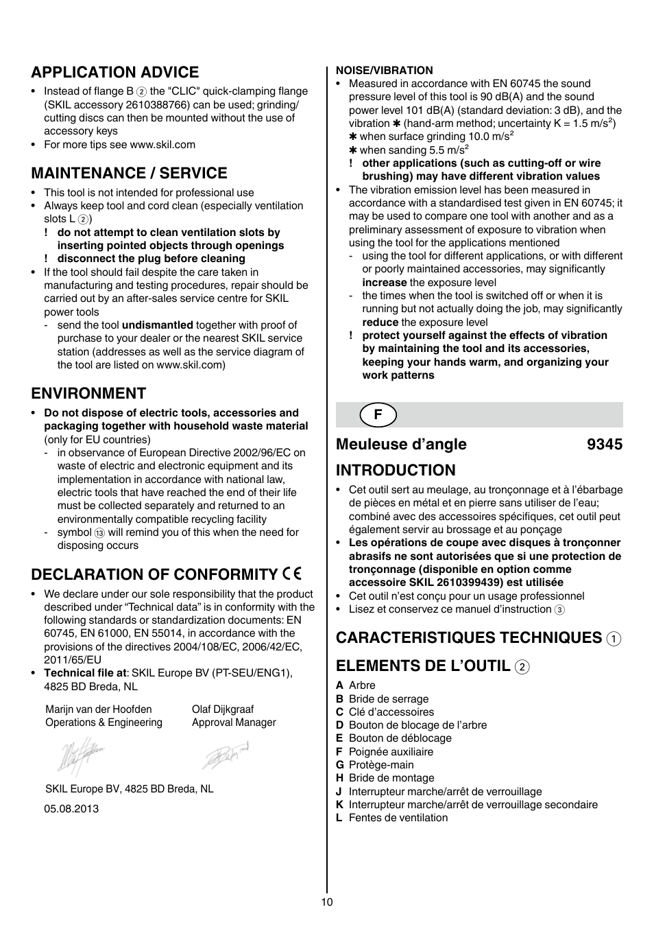 Application advice, Maintenance / service, Environment | Declaration of conformity, Meuleuse d’angle 9345 introduction | Skil 9345 AG User Manual | Page 10 / 176