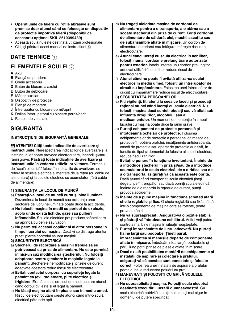 Date tehnice 1 elementele sculei 2, Siguranţa | Skil 9345 AG User Manual | Page 104 / 176