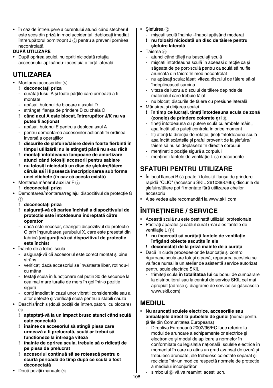 Utilizarea, Sfaturi pentru utilizare, Întreţinere / service | Mediul | Skil 9345 AG User Manual | Page 108 / 176