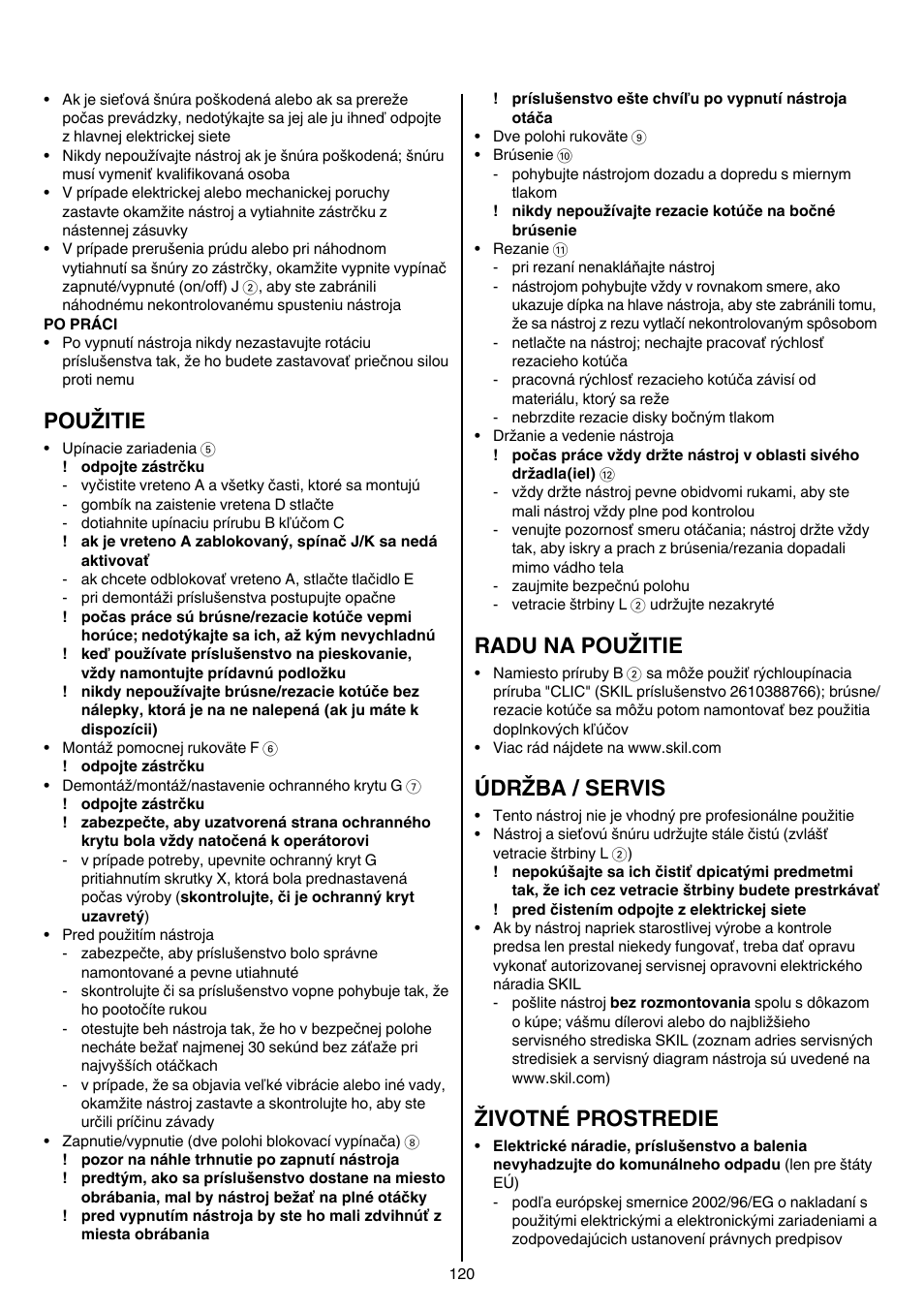 Použitie, Radu na použitie, Údržba / servis | Životné prostredie | Skil 9345 AG User Manual | Page 120 / 176