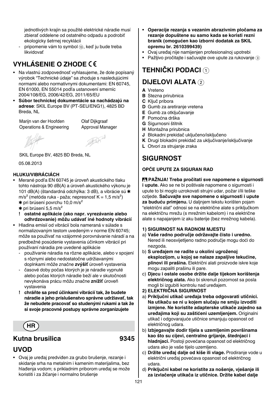 Vyhlásenie o zhode, Kutna brusilica 9345 uvod, Tehnički podaci 1 dijelovi alata 2 | Sigurnost | Skil 9345 AG User Manual | Page 121 / 176
