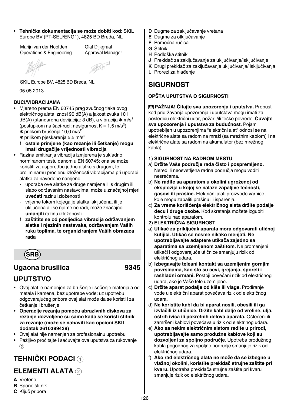 Ugaona brusilica 9345 uputstvo, Tehnički podaci 1 elementi alata 2, Sigurnost | Skil 9345 AG User Manual | Page 126 / 176