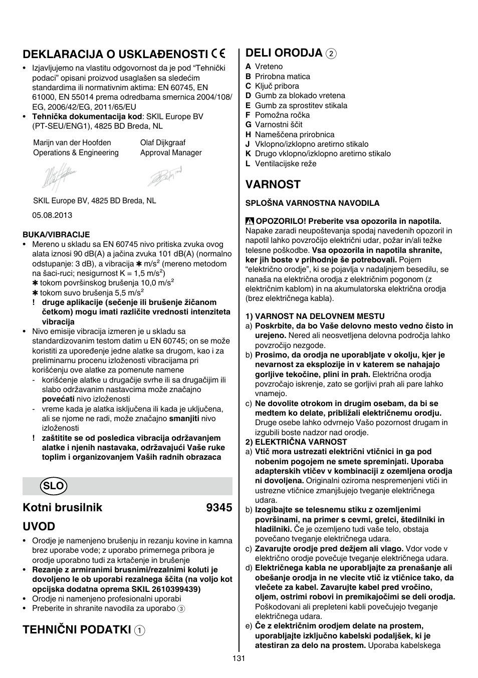 Deklaracija o usklađenosti, Kotni brusilnik 9345 uvod, Tehnični podatki 1 deli orodja 2 | Varnost | Skil 9345 AG User Manual | Page 131 / 176