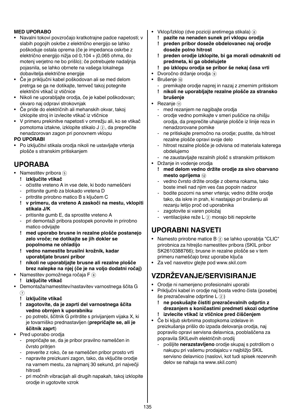 Uporaba, Uporabni nasveti, Vzdrževanje/servisiranje | Skil 9345 AG User Manual | Page 135 / 176