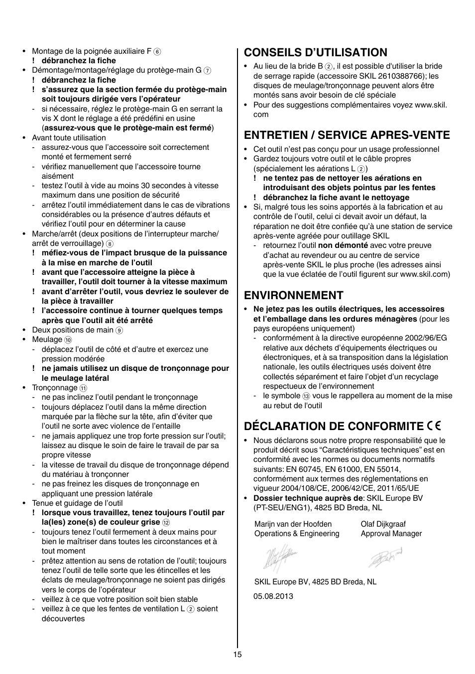 Conseils d’utilisation, Entretien / service apres-vente, Environnement | Déclaration de conformite | Skil 9345 AG User Manual | Page 15 / 176