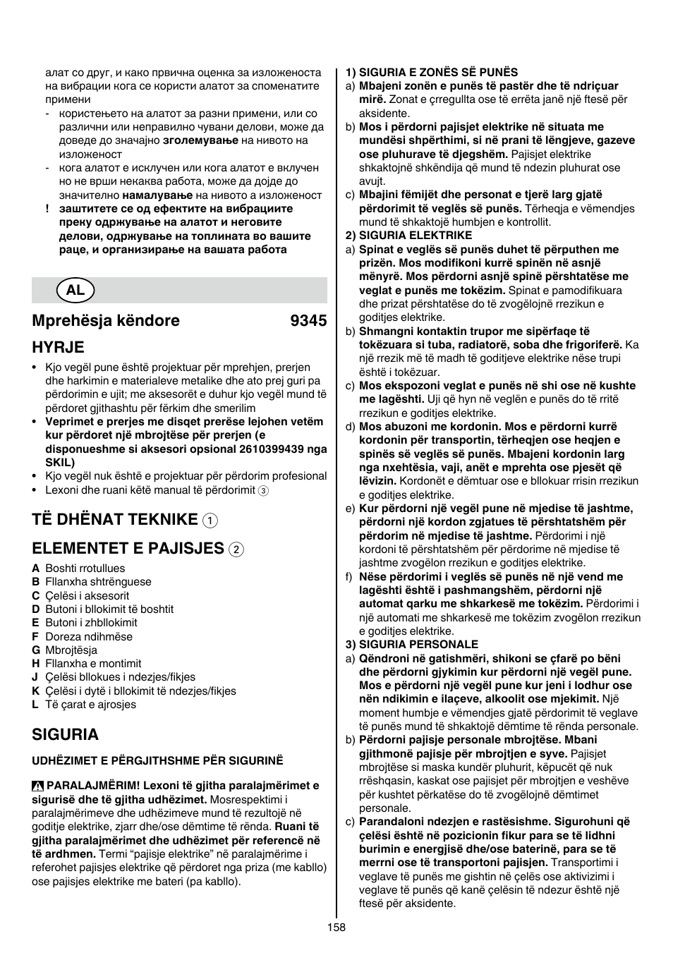 Mprehësja këndore 9345 hyrje, Të dhënat teknike 1 elementet e pajisjes 2, Siguria | Skil 9345 AG User Manual | Page 158 / 176