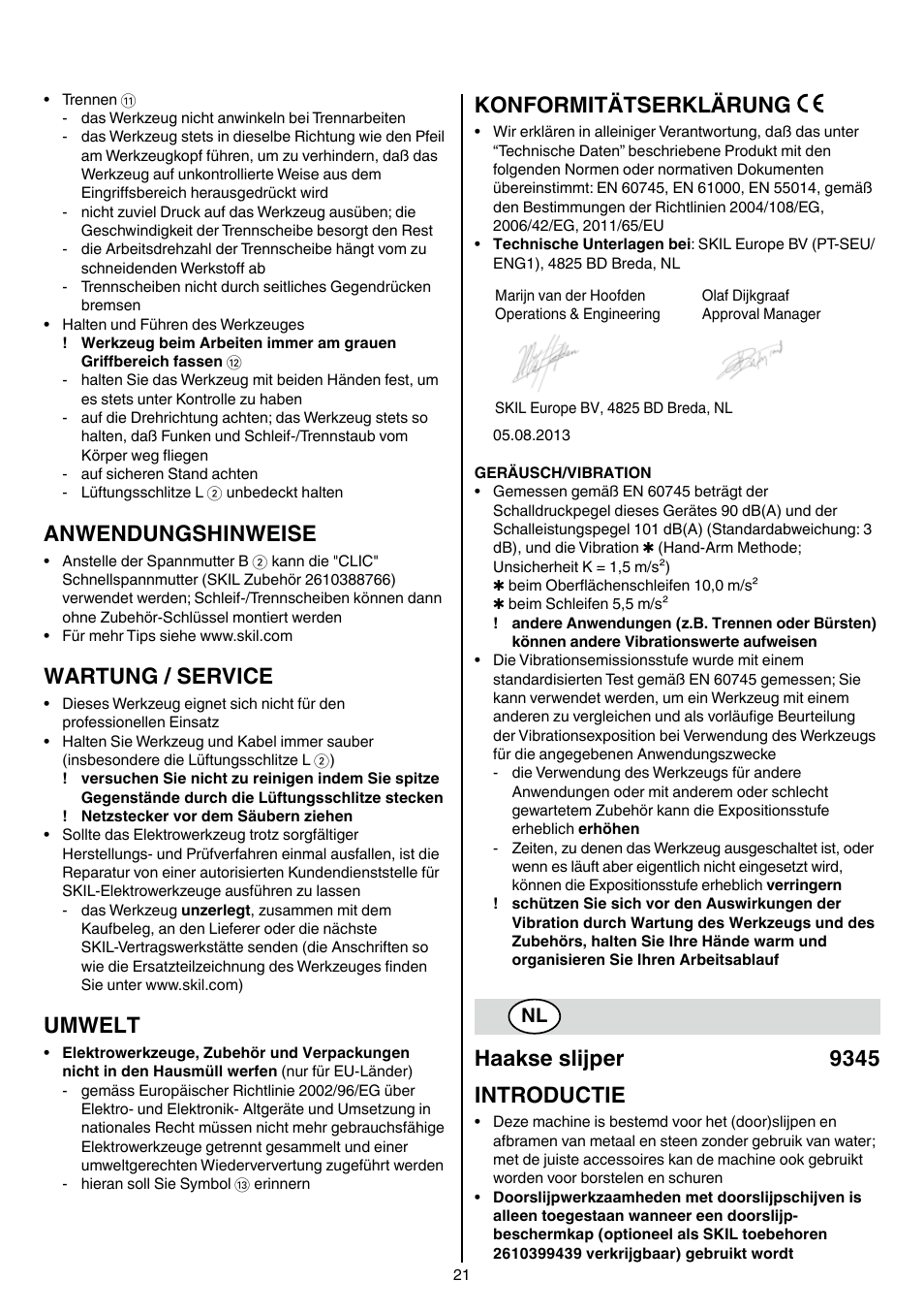 Anwendungshinweise, Wartung / service, Umwelt | Konformitätserklärung, Haakse slijper 9345 introductie | Skil 9345 AG User Manual | Page 21 / 176