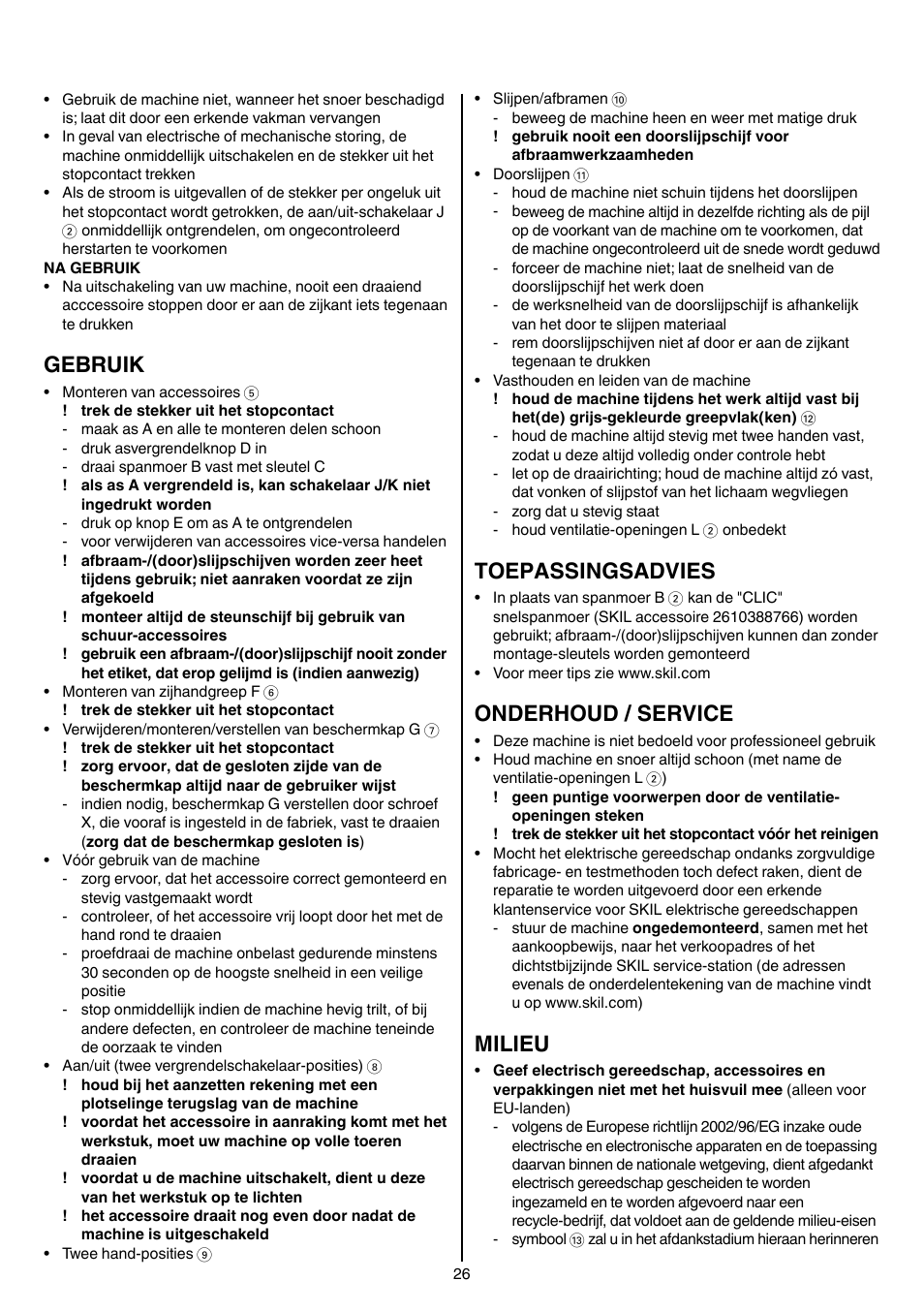 Gebruik, Toepassingsadvies, Onderhoud / service | Milieu | Skil 9345 AG User Manual | Page 26 / 176