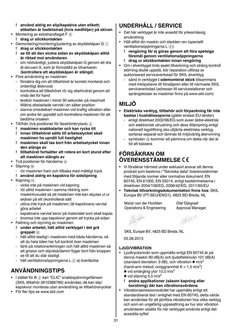 Användningstips, Underhåll / service, Miljö | Försäkran om överensstämmelse | Skil 9345 AG User Manual | Page 31 / 176